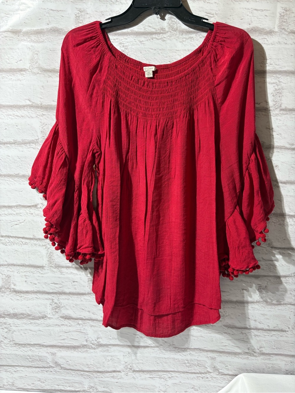 Cato Red Smocked Peasant Tunic with Pom-Pom Trim